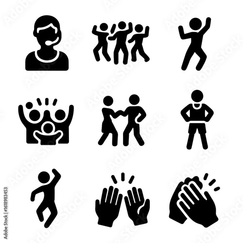 Zumba Icon Collection. Solid, filled icon set of Zumba instructors and participants: instructor with microphone, group of dancers,