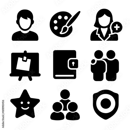 Youth Support Icons. Solid, filled icon set of youth support circles: teen figure, art therapy icon, school counselor, message