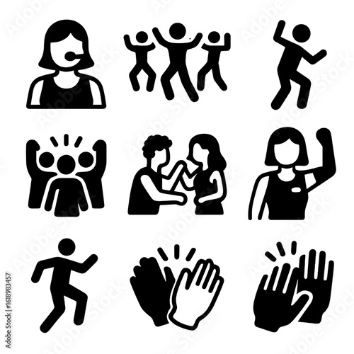 Zumba Icon Collection. Solid, filled icon set of Zumba instructors and participants: instructor with microphone, group of dancers,