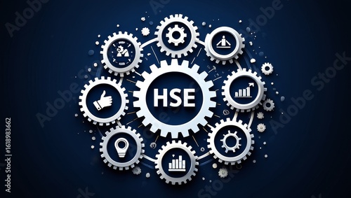 HSE Safety System - Gears and Icons Representing Health, Safety, and Environment