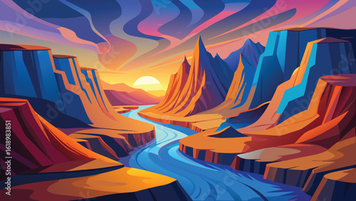 Cartoon Grand Canyon River Landscape with Sunset Illustration Creates a Peaceful and Scenic View