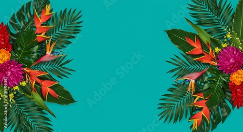 Creative layout concept with a frame of tropical flowers and lush green palm leaves on a vibrant teal background for summer