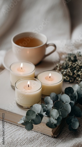 Wallpaper Mural Cozy Hygge Atmosphere Candles, Tea, Book, and Eucalyptus Torontodigital.ca