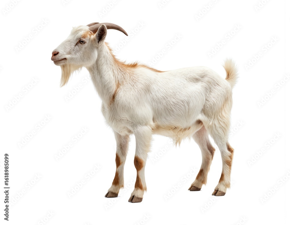 Obraz premium Brown, white goat stands isolated on clean white background. Domestic mammal features distinct horns, shaggy coat, perfect for representing farm animals, agriculture, rural themes in various projects.
