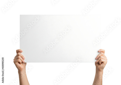 Two hands holding up a large blank white horizontal poster for your text. Isolated on transparent background, png