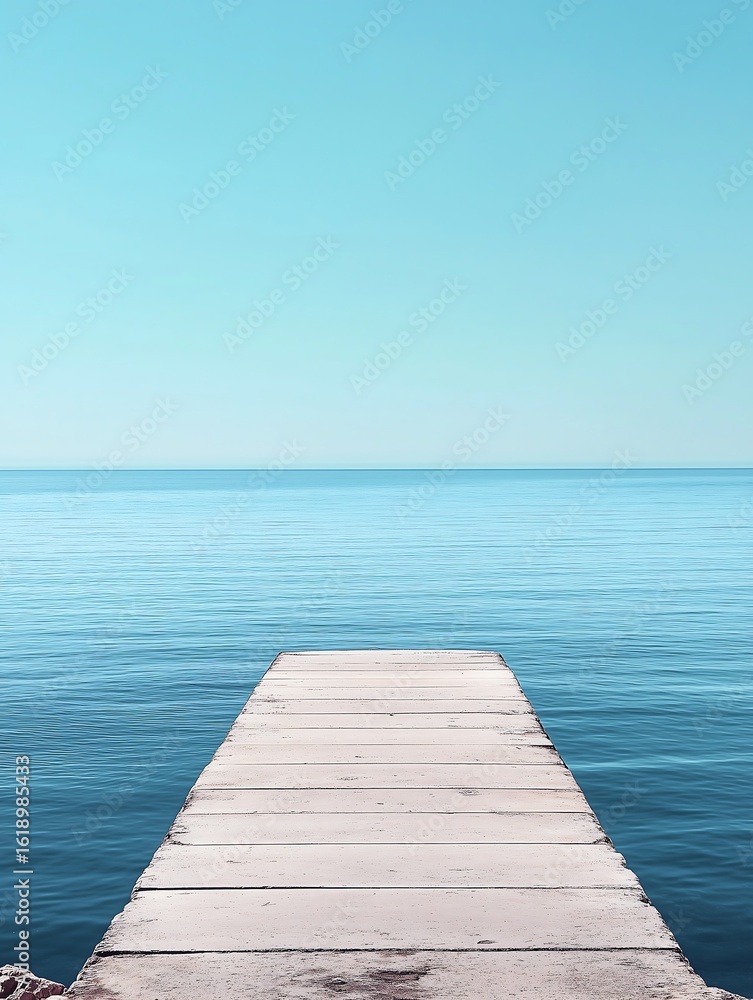 Fototapeta premium Serene Minimalist Seascape Wooden Dock Extending into Calm Ocean