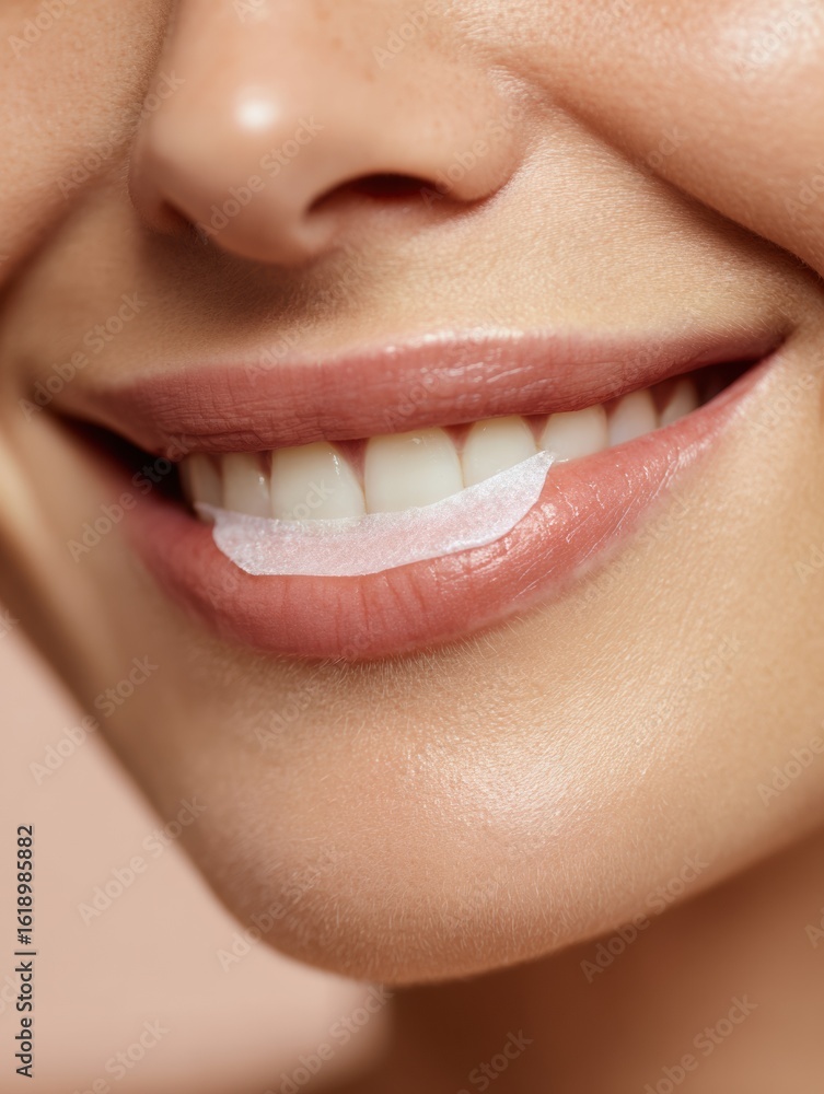 Obraz premium Applying a Cosmetic Patch to Smile Lines With a Focus on Skin Care and Beauty in Soft Pastel Tones