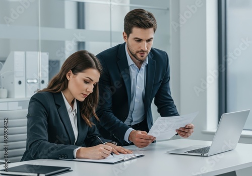 Wallpaper Mural Focused business professionals collaborating on documents and laptop in a modern office environment Torontodigital.ca