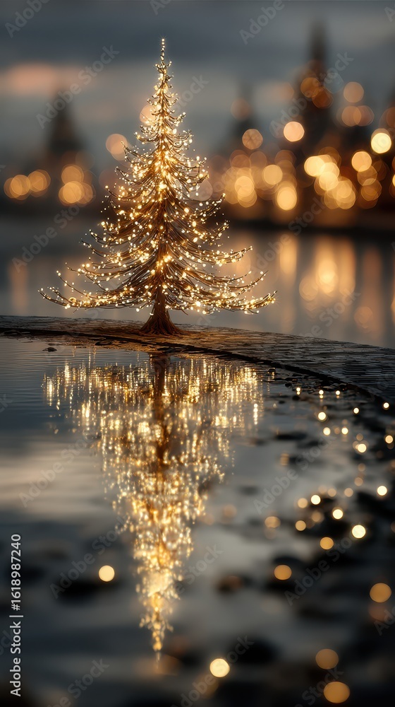 Fototapeta premium Beautifully lit Christmas tree reflecting in water at dusk by city lights during the holiday season