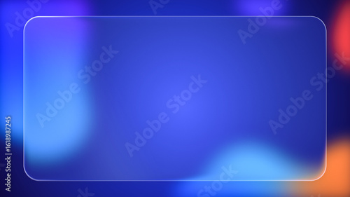 Transparent rounded rectangle liquid glass frame background, realistic glassmorphism user interface, abstract empty frosted plate on blue fluid gradient backdrop, blurred UI design illustration