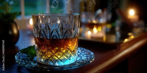 Rich amber whiskey rests in a crystal glass beside glowing candlelight at a cozy evening gathering