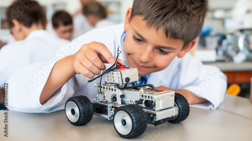 Wallpaper Mural Tactile thinking and playful engineering, a young boy in a lab coat assembles a robotic car during a hands-on robotics lesson, where creativity fuels real-world understanding Torontodigital.ca