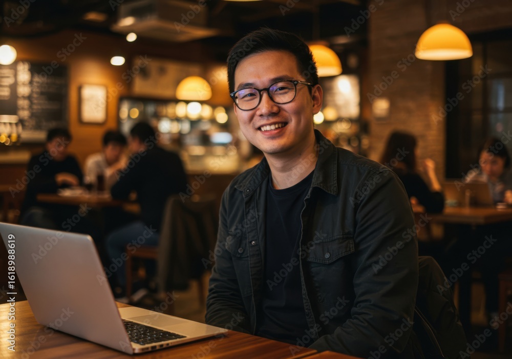 Fototapeta premium A smiling asian man wearing glasses and a dark jacket sits at a wooden table with a laptop in a warmly lit establishment