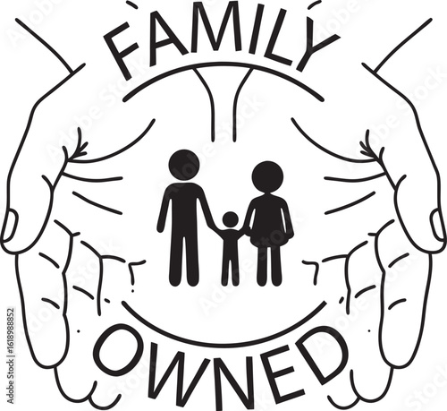 Family owned business symbol with hands and stick figures isolated on white background