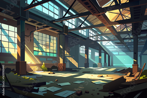 Abandoned Industrial Warehouse Interior With Broke