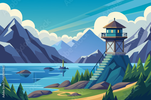 Clear Sky View Of A Fjord With A Watchtower