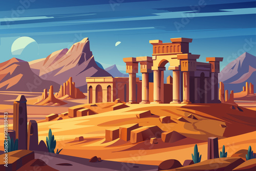 Clear Sky View Of A Desert With A Ancient Ruins