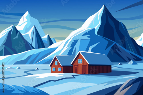 Clear Sky View Of A Glacier With A Barn