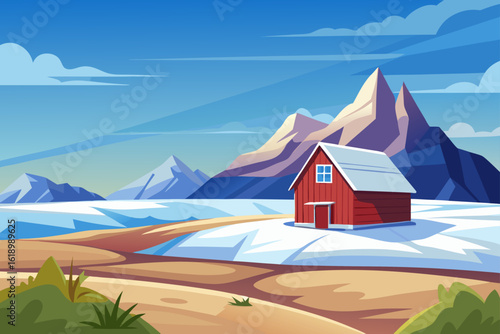 Clear Sky View Of A Tundra With A Barn