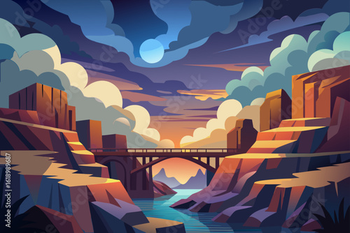 Cloudy View Of A Canyon With A Bridge