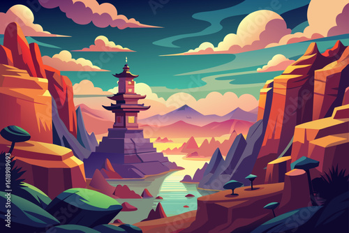 Cloudy View Of A Canyon With A Pagoda