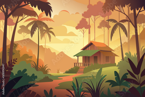 Foggy View Of A Jungle With A Cottage