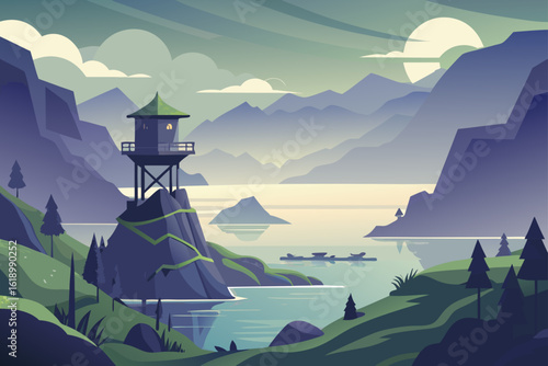 Misty View Of A Bay With A Watchtower