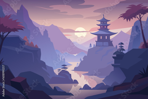 Misty View Of A Canyon With A Pagoda