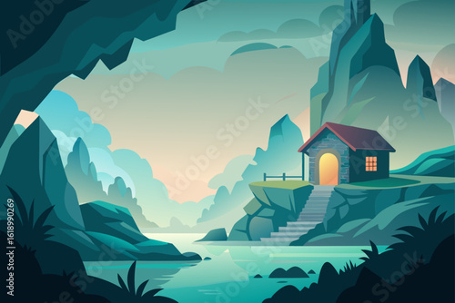 Misty View Of A Cave With A Cottage