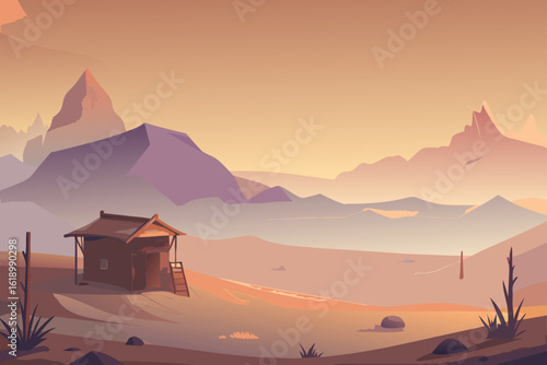 Misty View Of A Desert With A Wooden Cabin