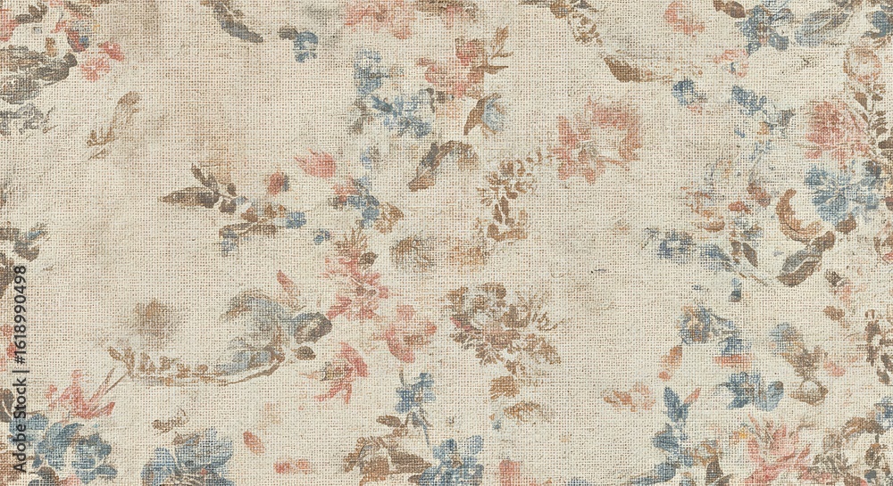 Naklejka premium Vintage Floral Fabric Texture with Faded Blue, Pink, and Brown Blossoms on a Cream Background