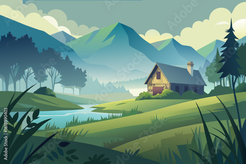 Misty View Of A Meadow With A Cottage