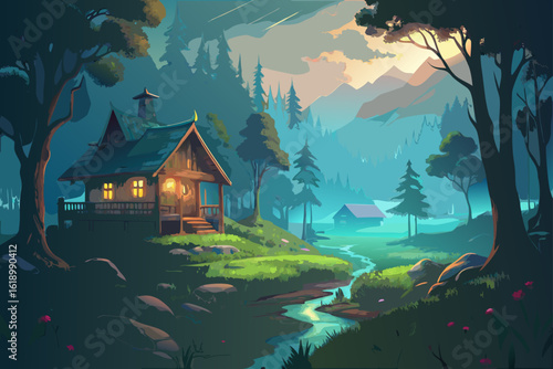 Misty View Of A Meadow With A Wooden Cabin