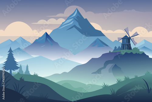 Misty View Of A Mountain With A Windmill