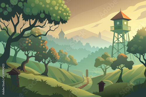 Misty View Of A Orchard With A Watchtower
