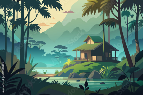 Misty View Of A Rainforest With A Cottage