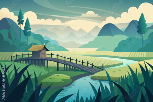 Misty View Of A Rice Field With A Bridge
