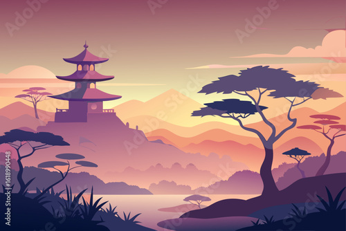 Misty View Of A Savanna With A Pagoda