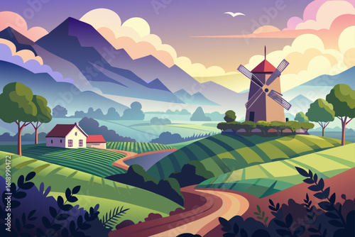 Misty View Of A Vineyard With A Mill