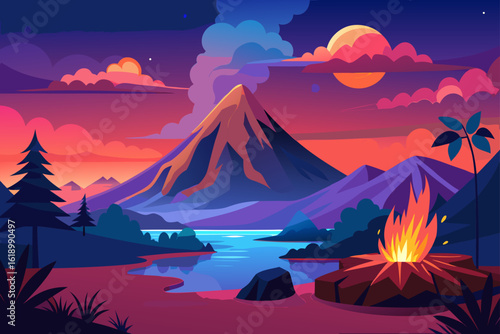Misty View Of A Volcano With A Campfire