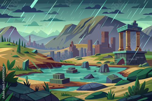 Rainy View Of A Delta With A Ancient Ruins