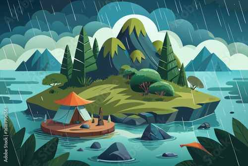 Rainy View Of A Island With A Tent