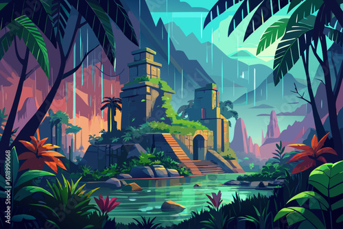 Rainy View Of A Jungle With A Ancient Ruins