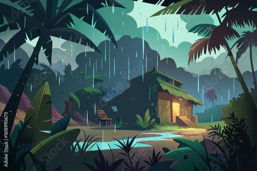 Rainy View Of A Jungle With A Abandoned Shack