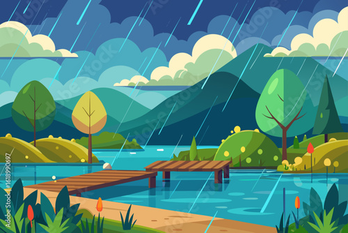Rainy View Of A Meadow With A Small Dock