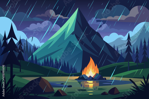 Rainy View Of A Mountain With A Campfire