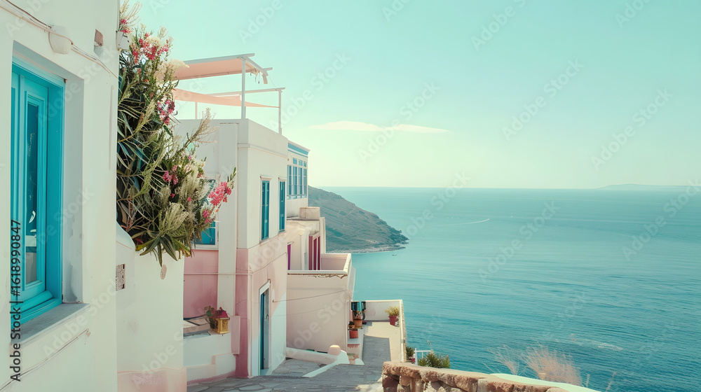 Fototapeta premium A stunning view from a whitewashed villa on a Greek island, overlooking the beautiful Mediterranean Sea.