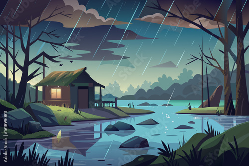 Rainy View Of A River With A Abandoned Shack
