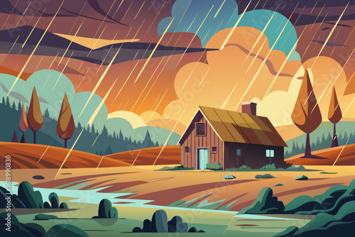 Rainy View Of A Tundra With A Barn
