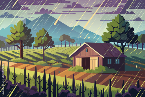 Rainy View Of A Vineyard With A Abandoned Shack